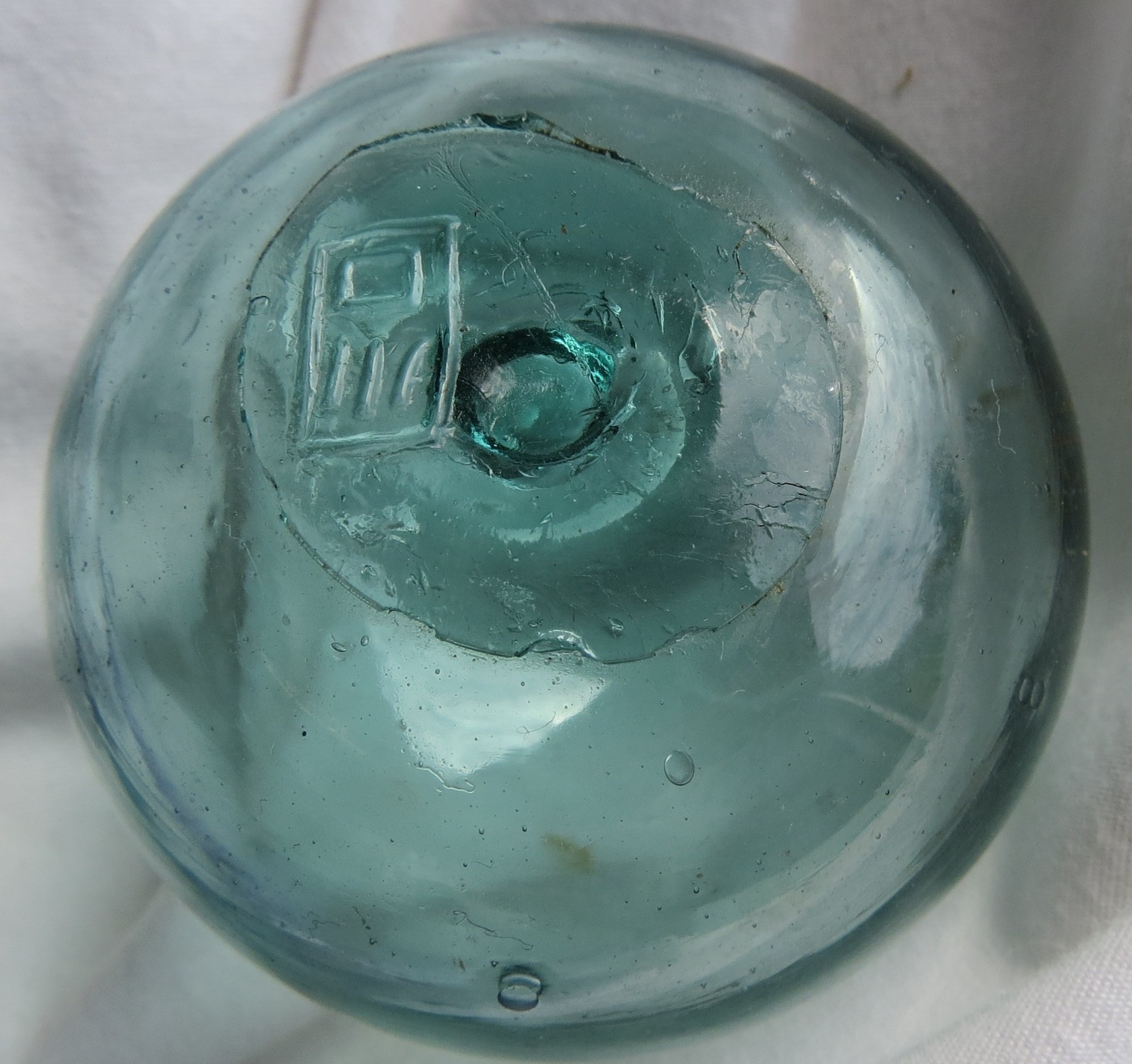 Japanese Blown Glass FLOAT 2.5" Aqua WP Makers Mark #11 "river-mouth" Vtg USA BZ