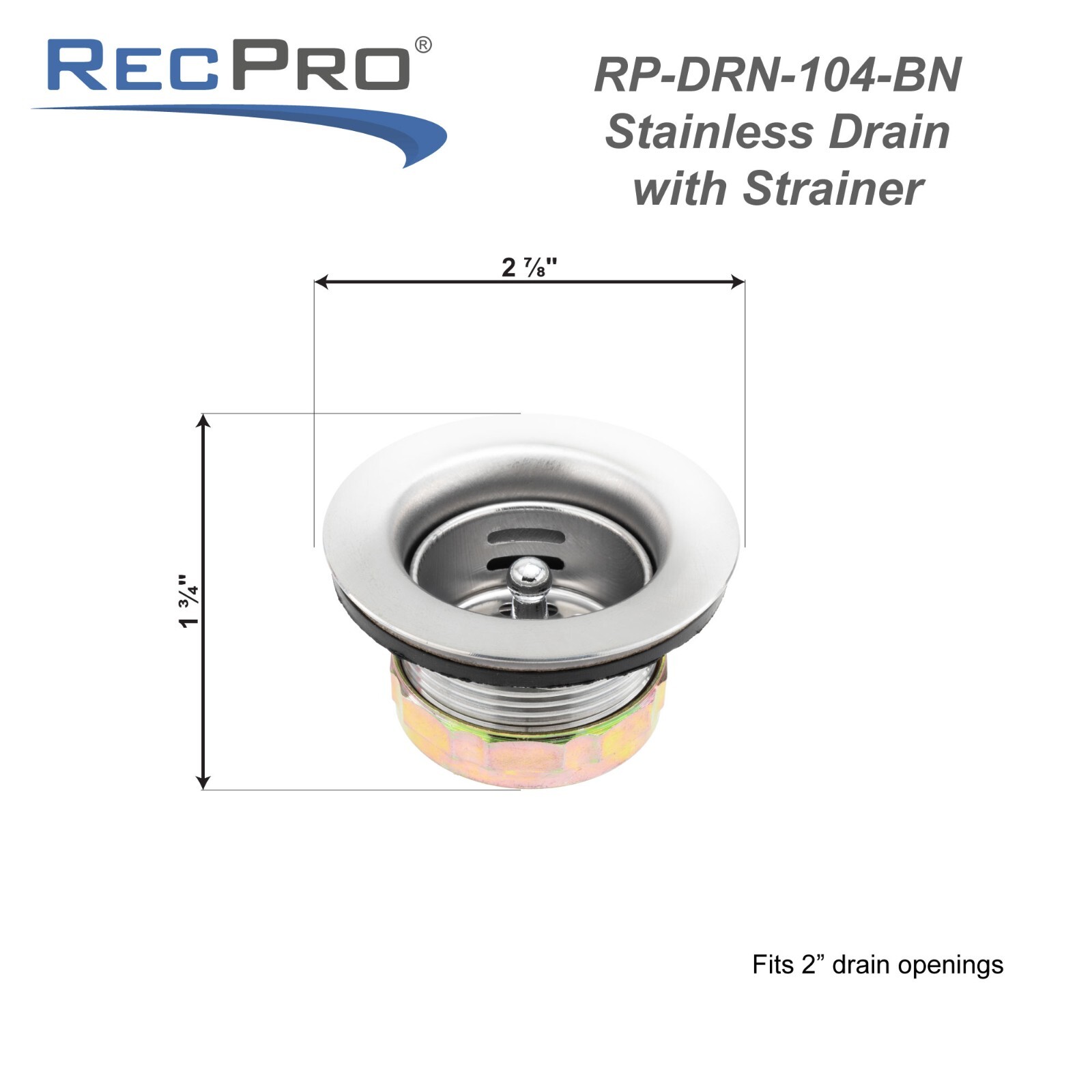 RecPro RV Brushed Nickel Sink Drain | Removable Strainer Basket | Fits 2" Drain
