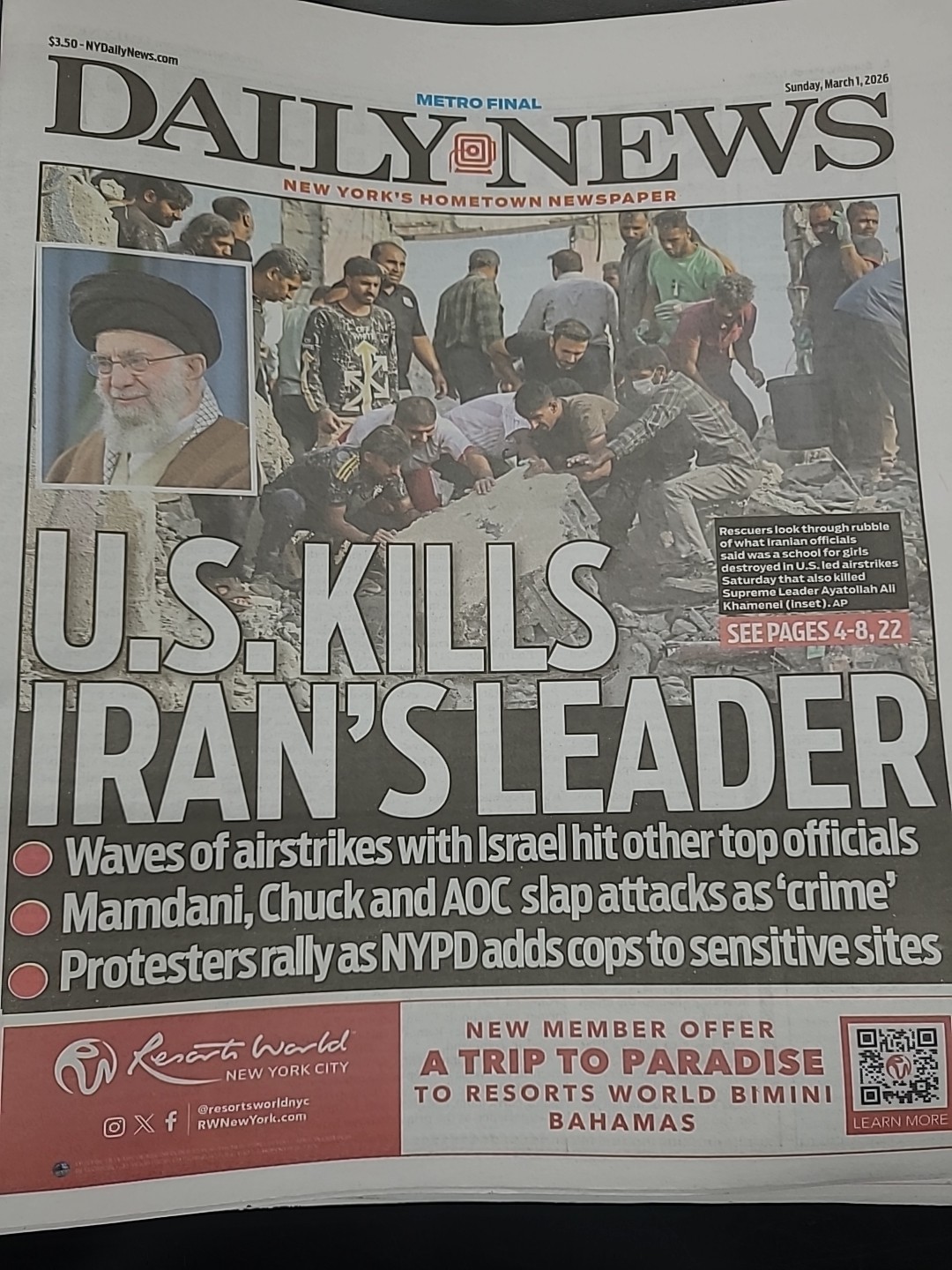 DONALD TRUMP ATTACKS IRAN LEADER KHAMENEI DEAD NY DAILY NEWS 3/1 2026
