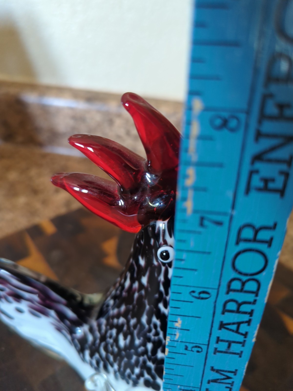 Black White Red Art Glass Heavy Rooster Bird Figurine Farm Decor Paperweight
