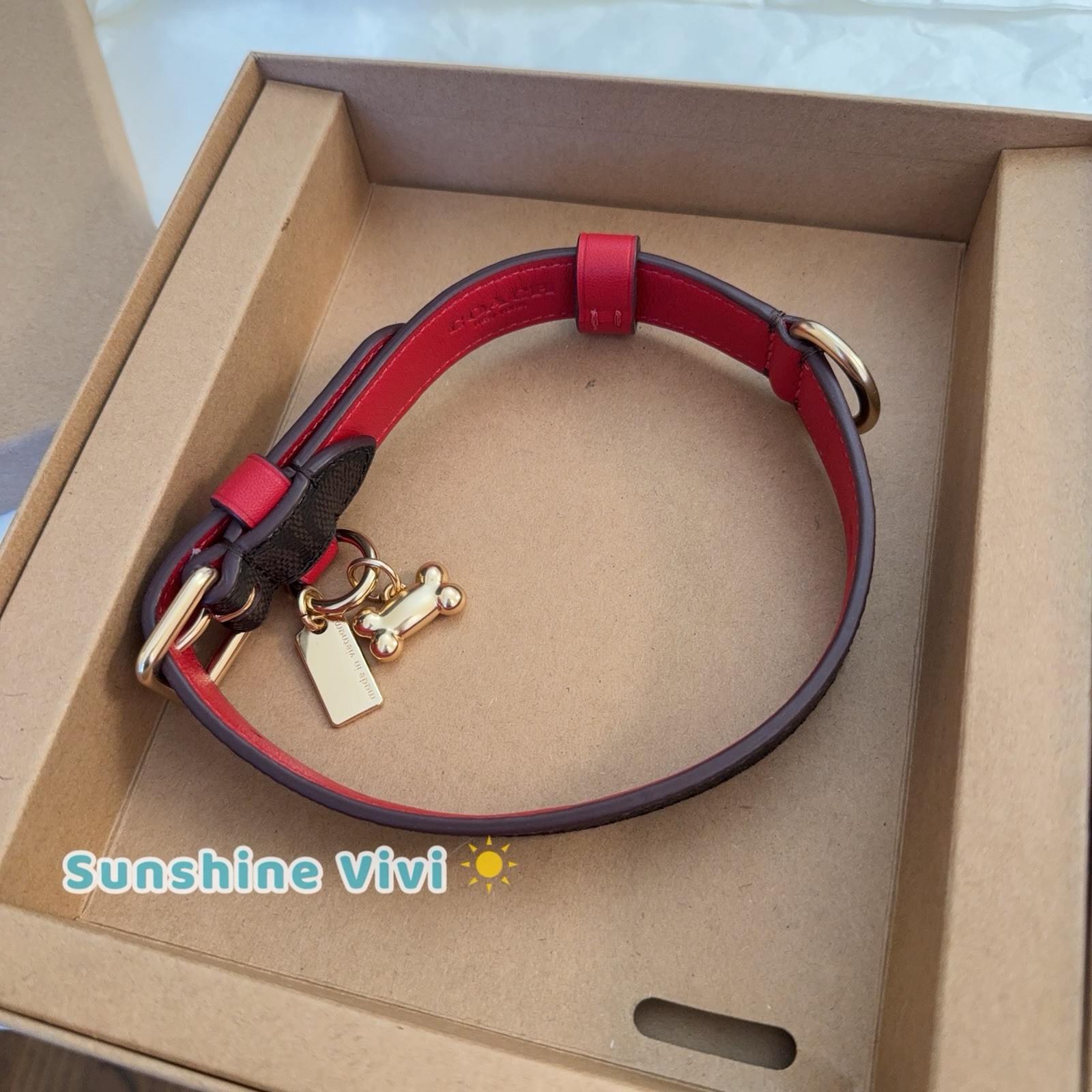 NWT Coach Boxed Medium Pet Collar In Signature Canvas CX157 Gold/Walnut/Bold Red