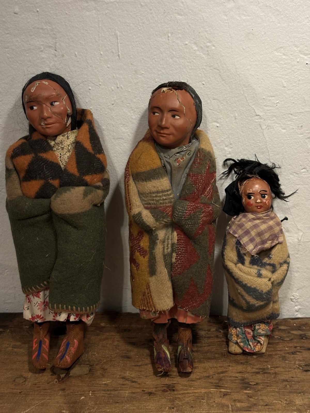 Antique 1920s Skookum Indian Dolls Set of 3 Whirling Log Swastika Bully Good