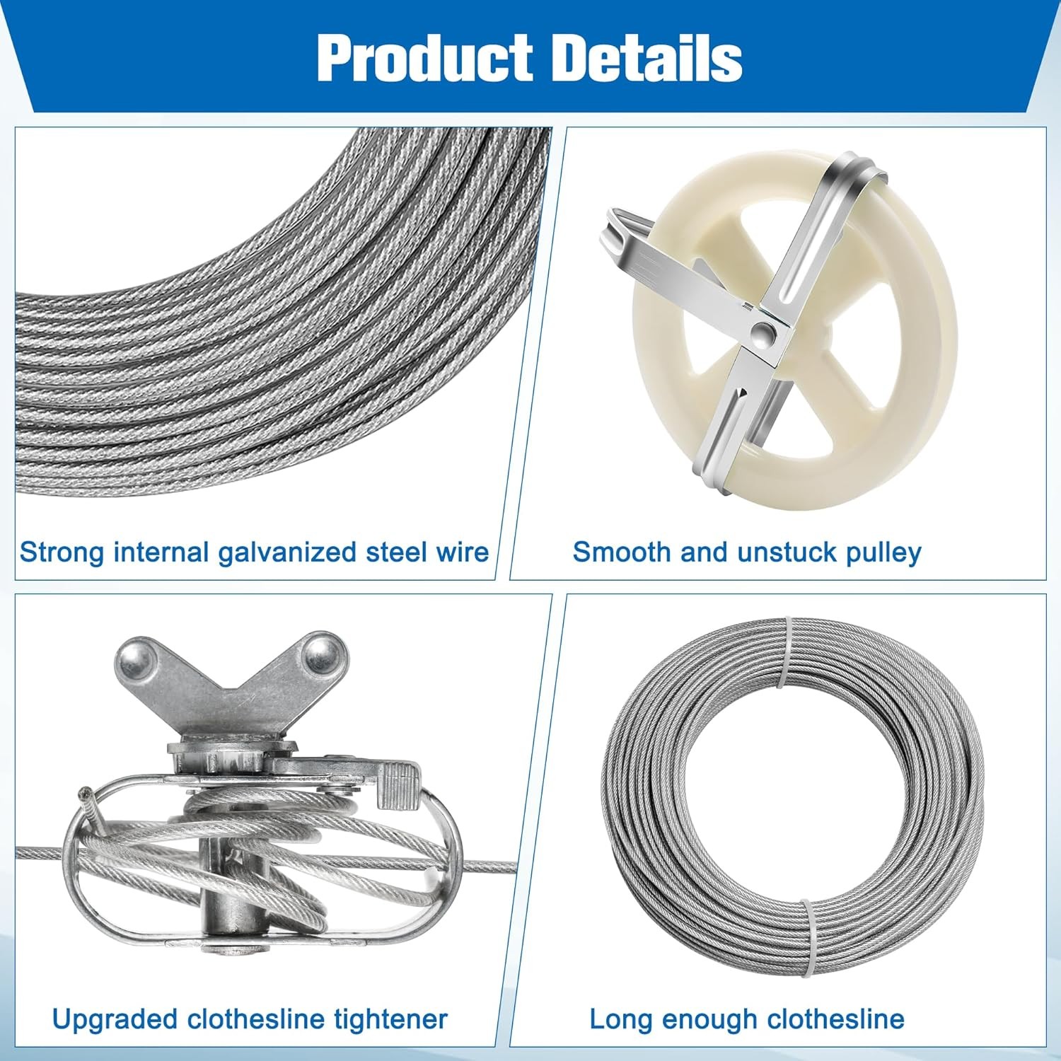 Clothesline Pulley Kit Outdoors 150.9FT PVC Wire Rope 5" Pulleys Tightener Hooks