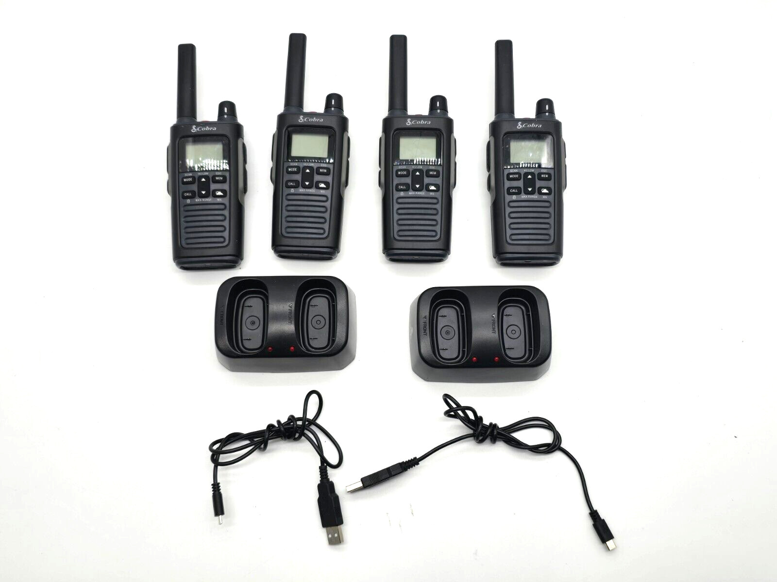 4x Gently used Cobra RX685 60 Channel Waterproof. Charged, tested, ready to use.