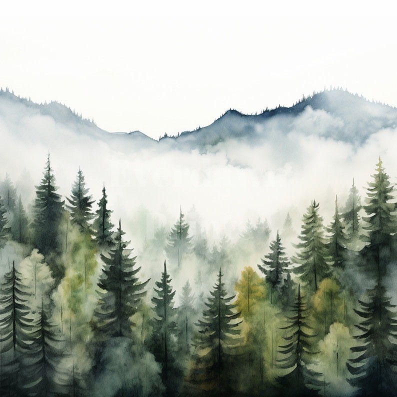 Watercolor Foggy Forest Clipart, Misty Forest Watercolor, Digital Download PNG