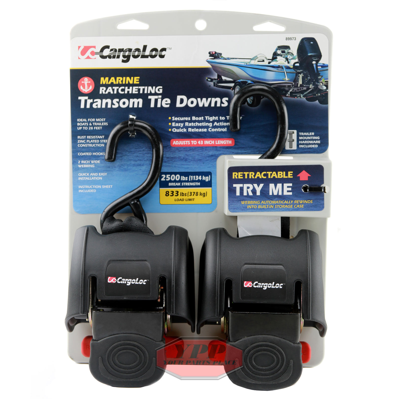 2 Pack Marine Retractable Transom Tie Down 2500lbs Boat Trailer 2 inch Strap 43"