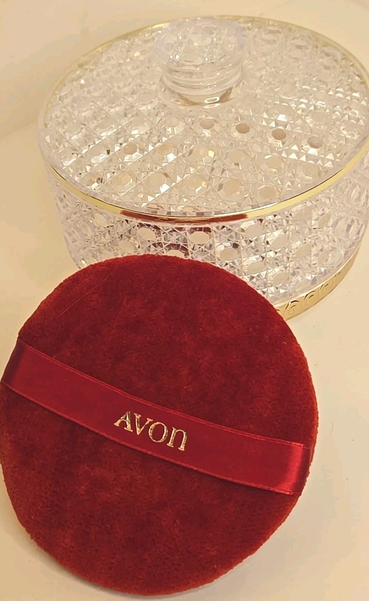 Vintage Avon Powder Box Hollywood Regency Cut Crystal Plastic w Red Puff Vanity