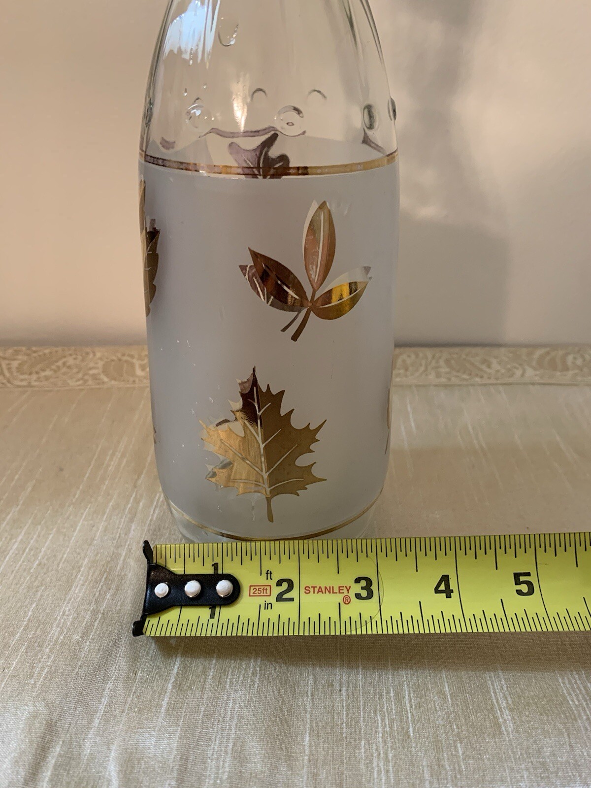 Vintage Libbey Frosted White with Gold Leaves Bottle/Decanter 12” Tall 3” High