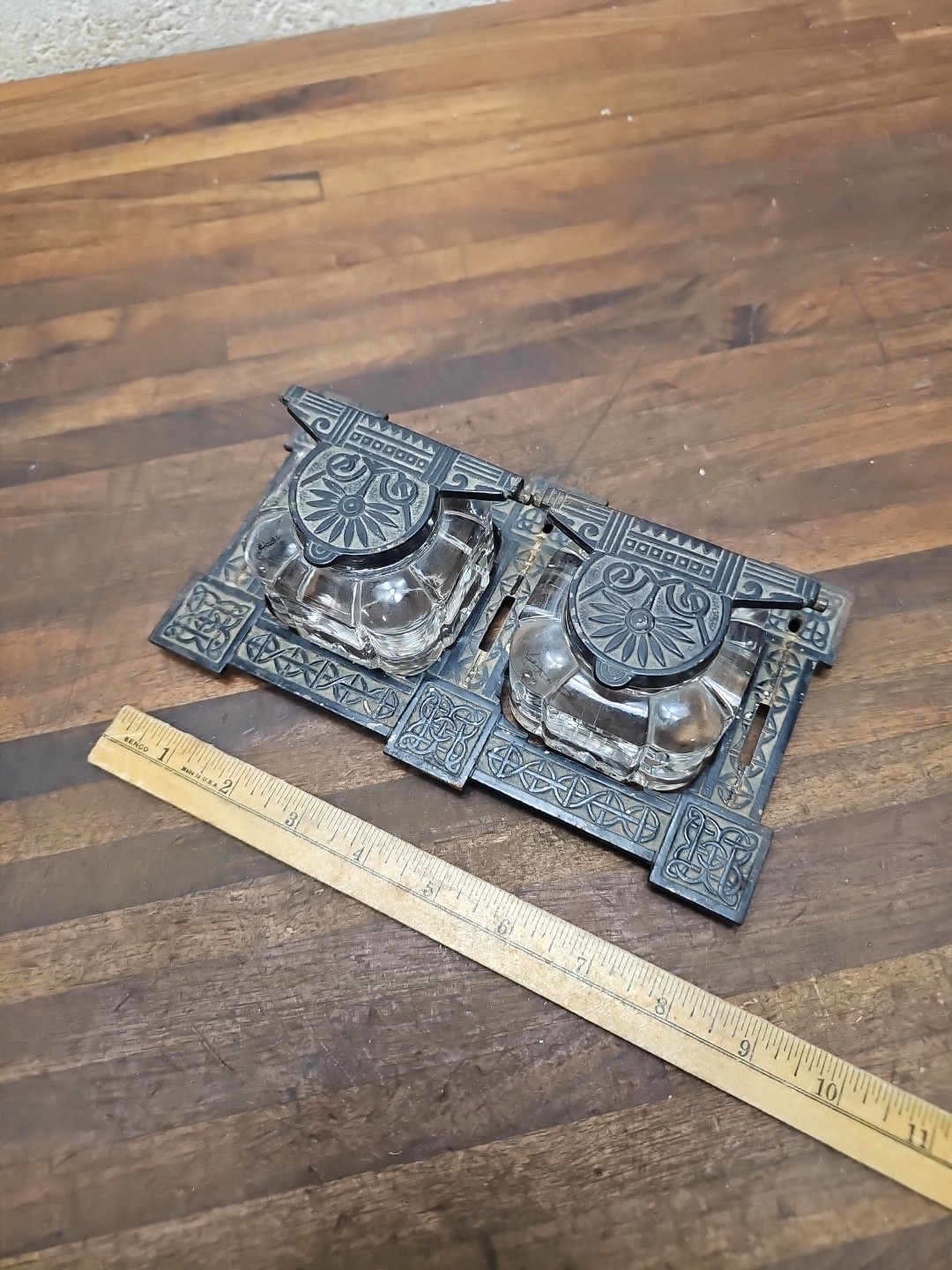 B34- Antique Victorian Cast Iron Double Inkstand with Inkwells incomplete 1800s