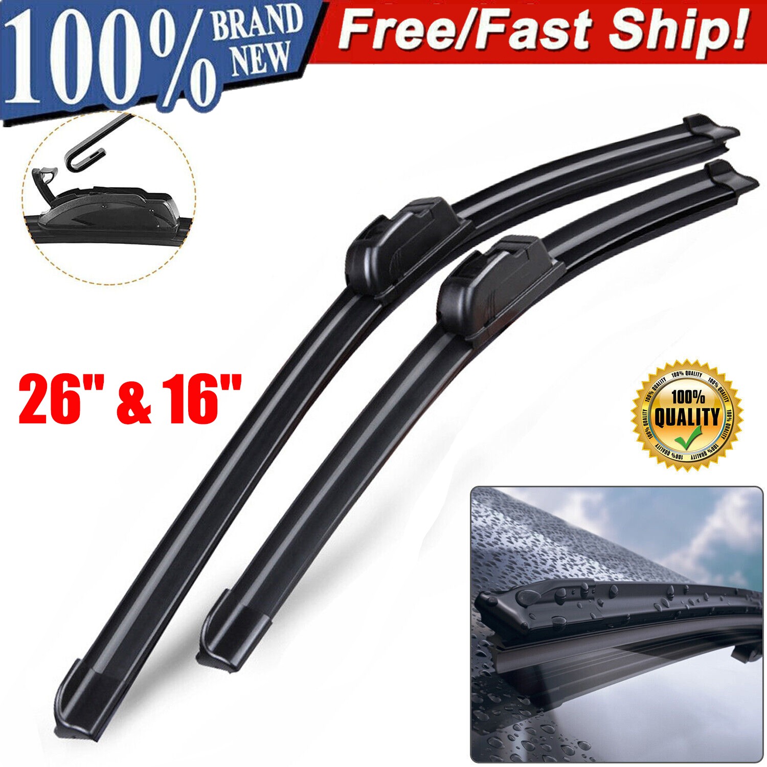 Pair Windshield Wiper Blades J-hook Quality 26" & 16" Inch Bracketless Frameless