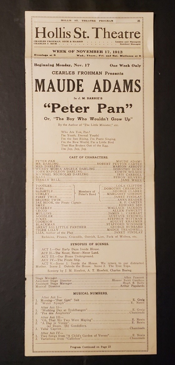 2247----1913 Hollis St Theatre Boston broadside/program - Maude Adams -Peter Pan