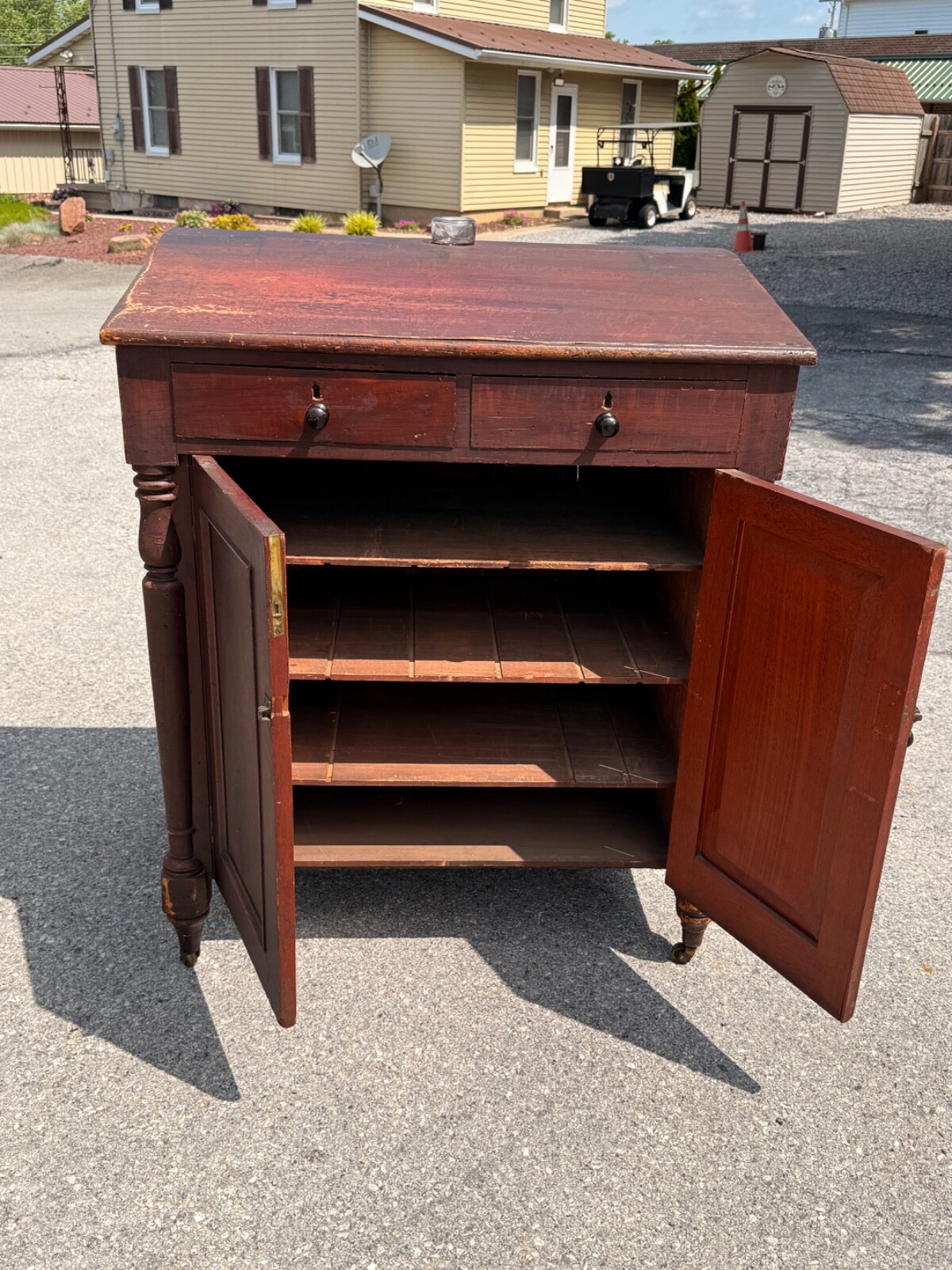 Antique paint decorated primitive country store cabinet cupboard podium folky
