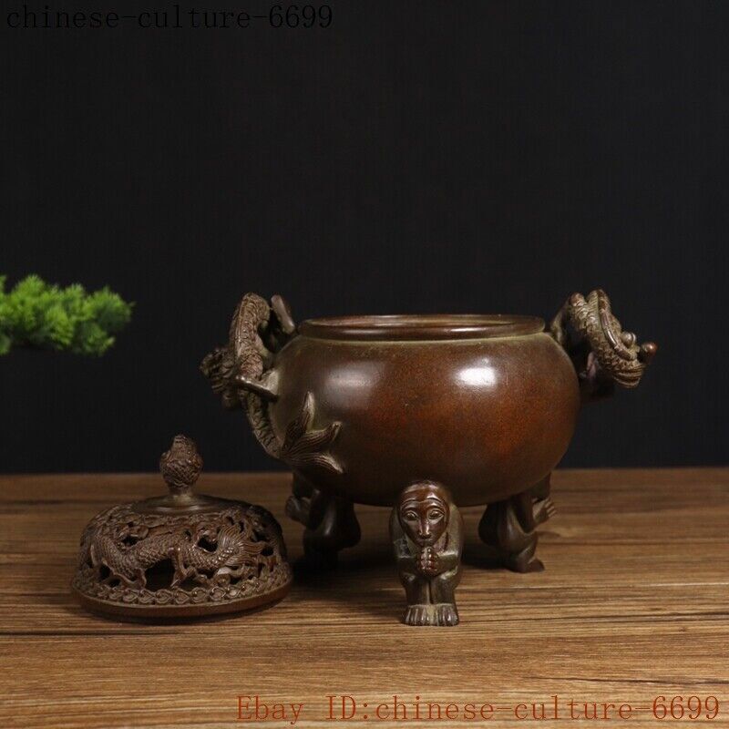 8" Chinese bronze Chinese Zodiac animal dragon loong incense burner censer