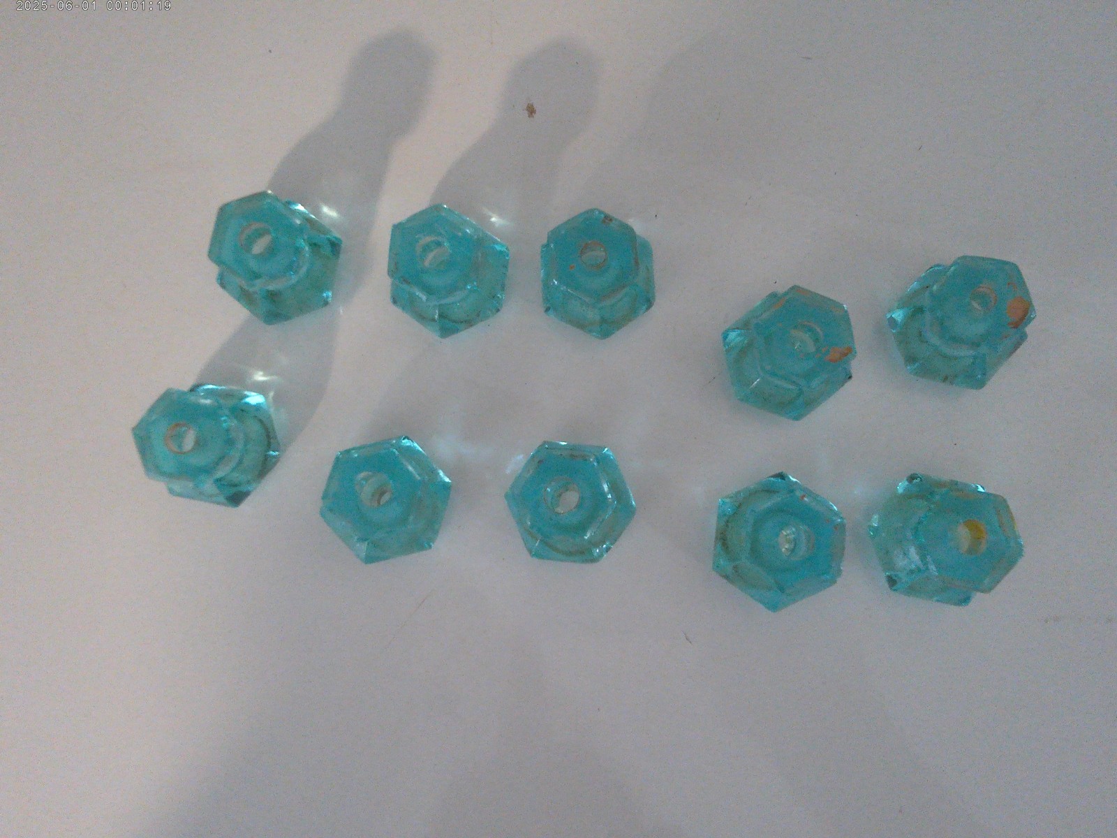 10 ANTIQUE AQUA BLUE DEPRESSION GLASS HEXAGONAL CABINET DRAWER PULLS knobs