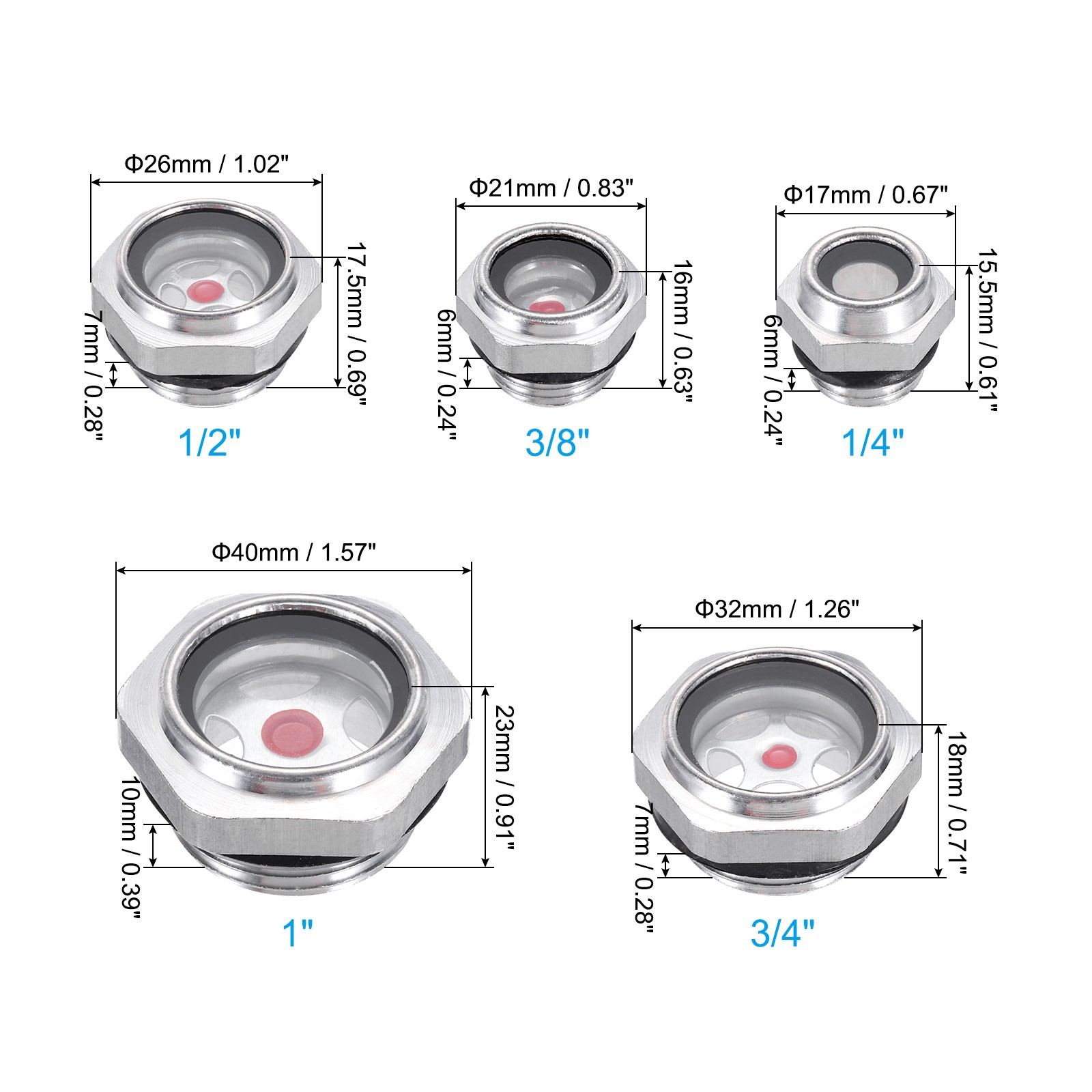 5 x Oil Sight Glass 1/4" 3/8" 1/2" 3/4" 1" Male Threaded Liquid Level Gauge