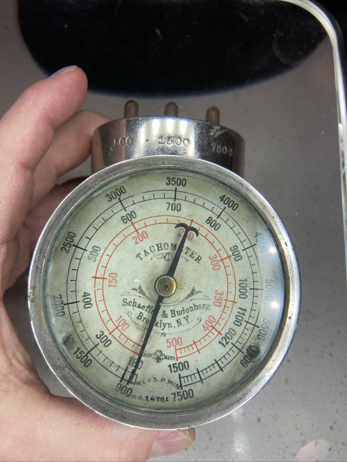 ANTIQUE SCHAEFFER BUDENBERG GAUGE TACHOMETER REVOLUTION COUNTER RR, 7500 RPM’s!
