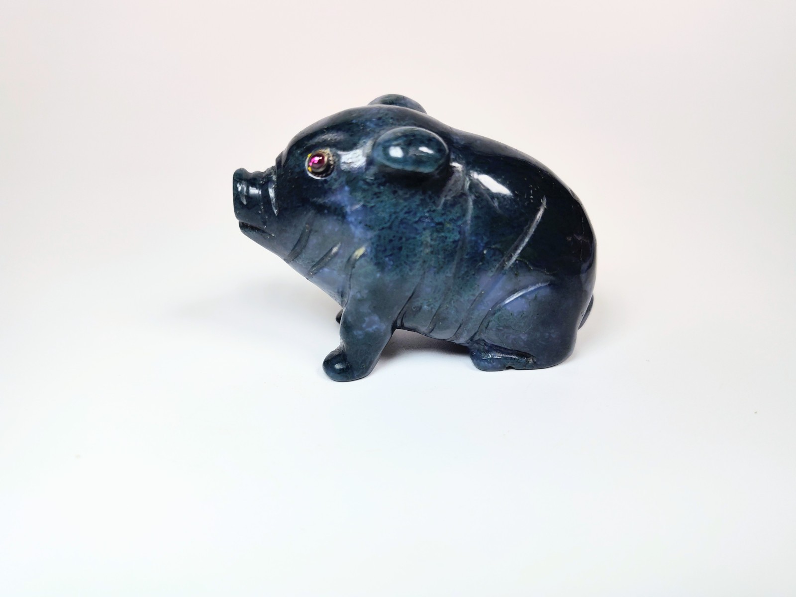 Antique 1920s Hand-Carved Blue-Green Aventurine Pig with Bezel-Set Garnet Eyes