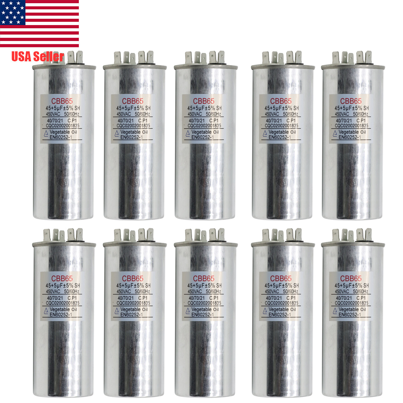 45+5 MFD ±5% Dual Run Capacitor 370 450 VAC CBB65-R AC Motor HVAC Fan 10 Pack