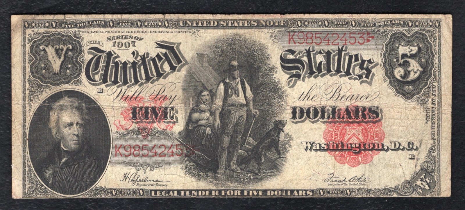 FR. 91 1907 $5 FIVE DOLLARS “WOODCHOPPER” LEGAL TENDER UNITED STATES NOTE