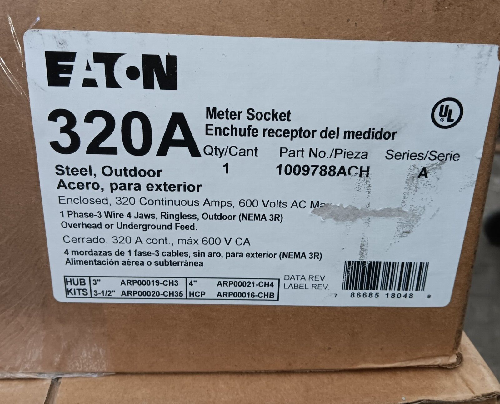 NEW EATON 1009788ACH 400 / 320 AMP METER SOCKET RINGLESS 4-JAW LEVER BP 600V 1Ø