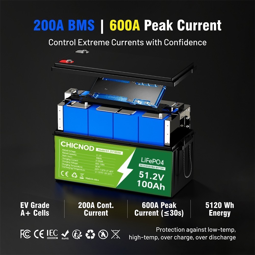 48V 100Ah LiFePO4 Lithium Battery Bluetooth BMS with Charger For Solar Camp RV