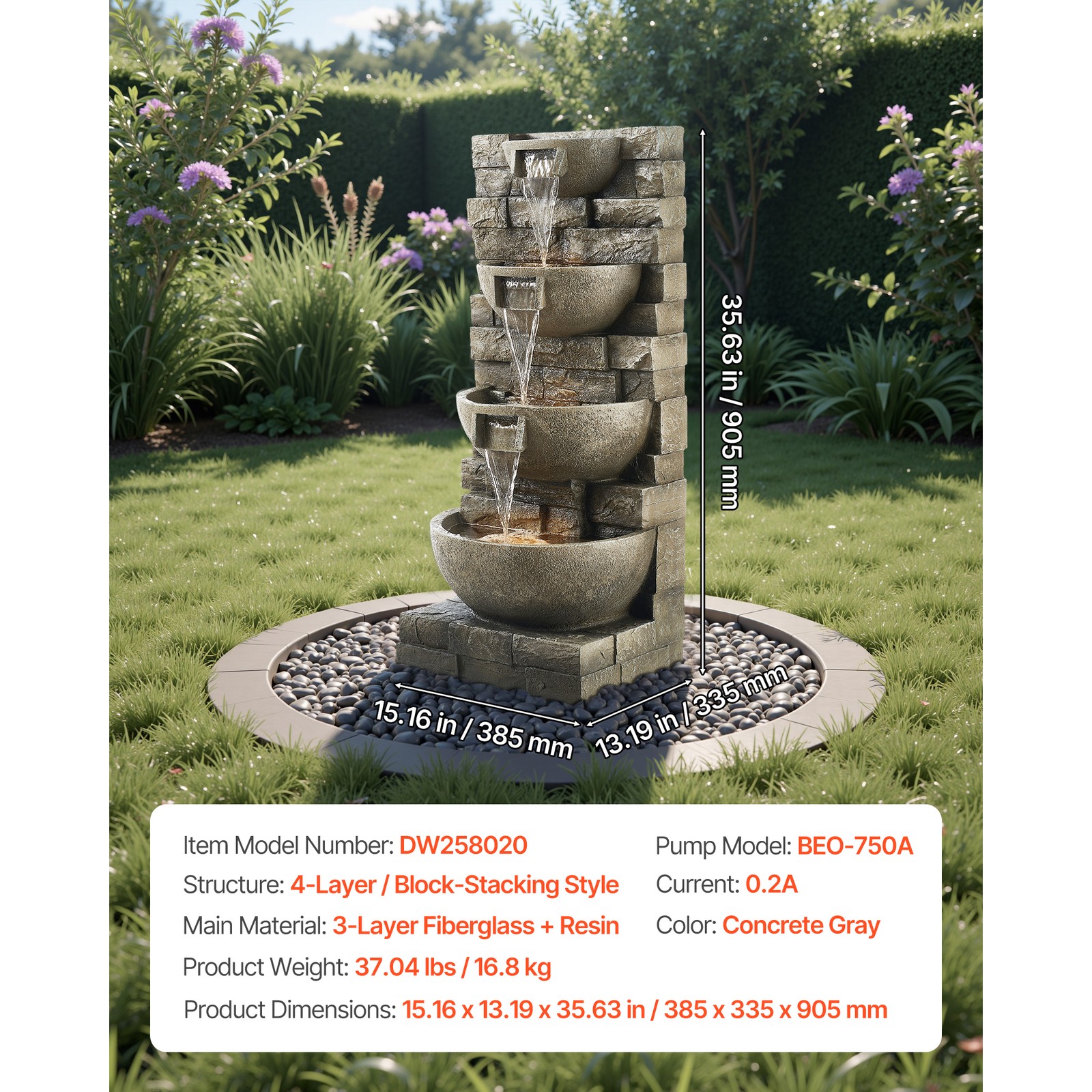 35.63" Outdoor Water Fountain with LED Light 4-Tier Yard Garden Stand Fountain