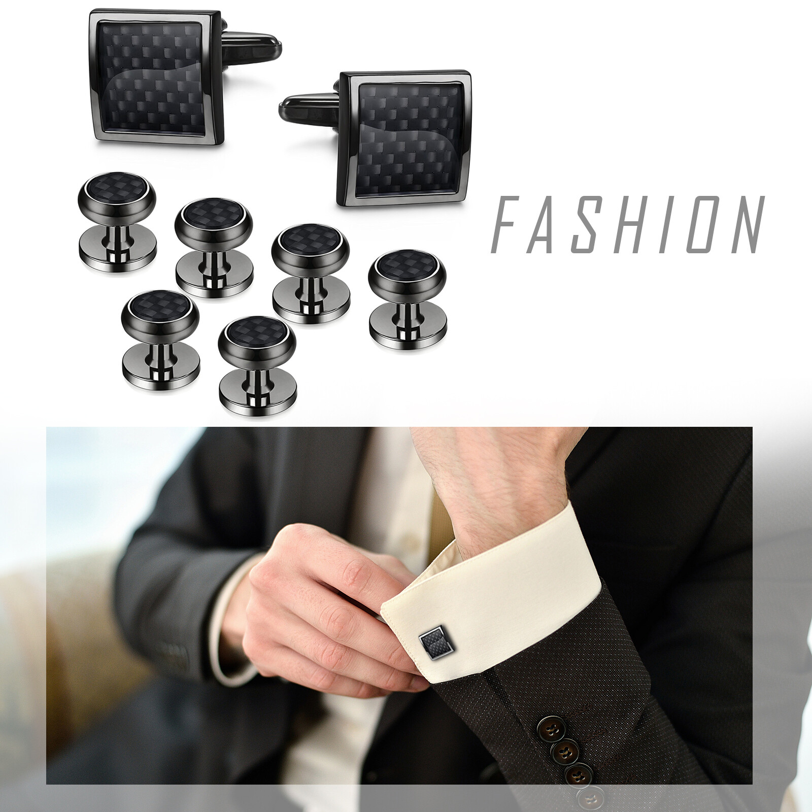 8pcs Men Carbon Fiber Tuxedo Cufflinks Shirt Wedding Buttons Cuff Links Stud Set