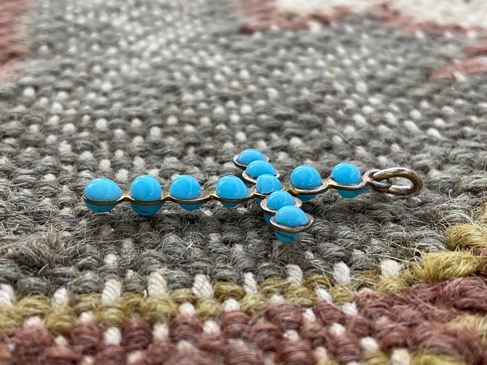 French Antq. Silver~Gold Plate~Sky Blue Glass Enameled Drops Cross~Tres Chic