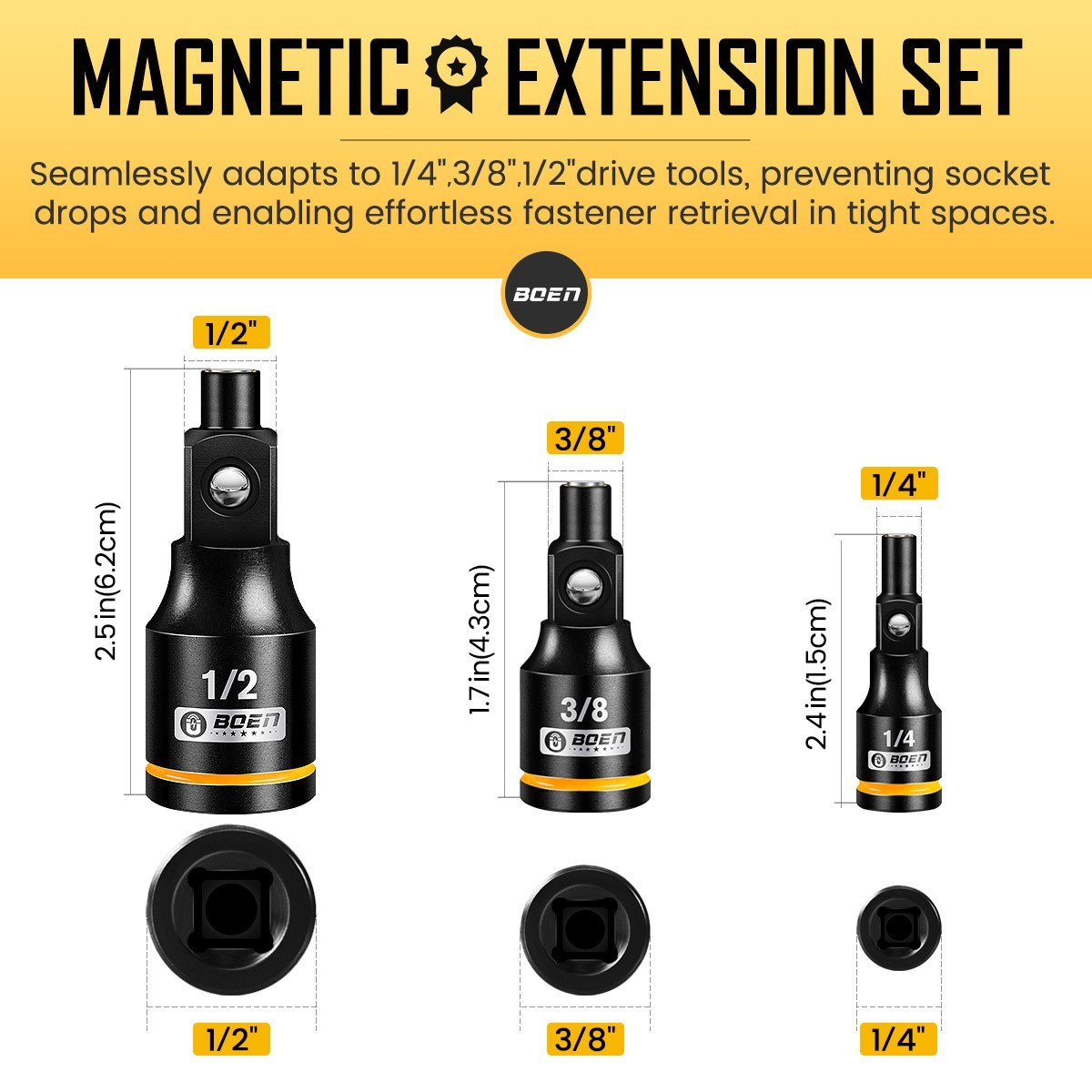 3-Piece Magnetic Socket Extension Adapter Set, 1/4", 3/8", 1/2" Drive