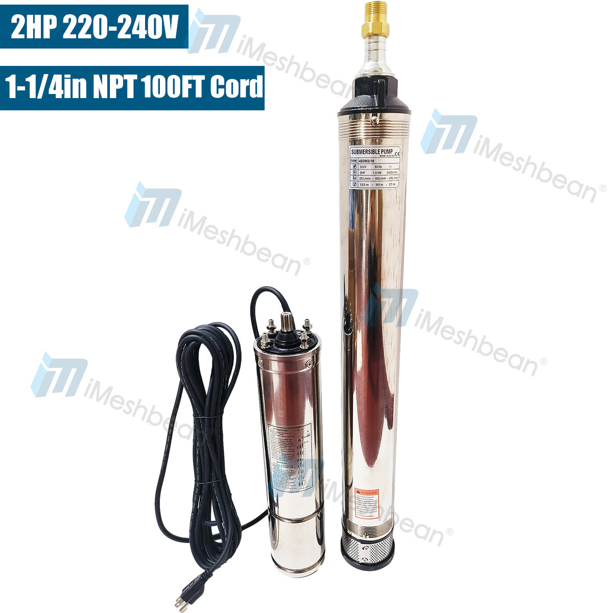 4" Deep Well Submersible Pump 2HP 220V 37GPM 427' Max 100' Cord Stainless Steel