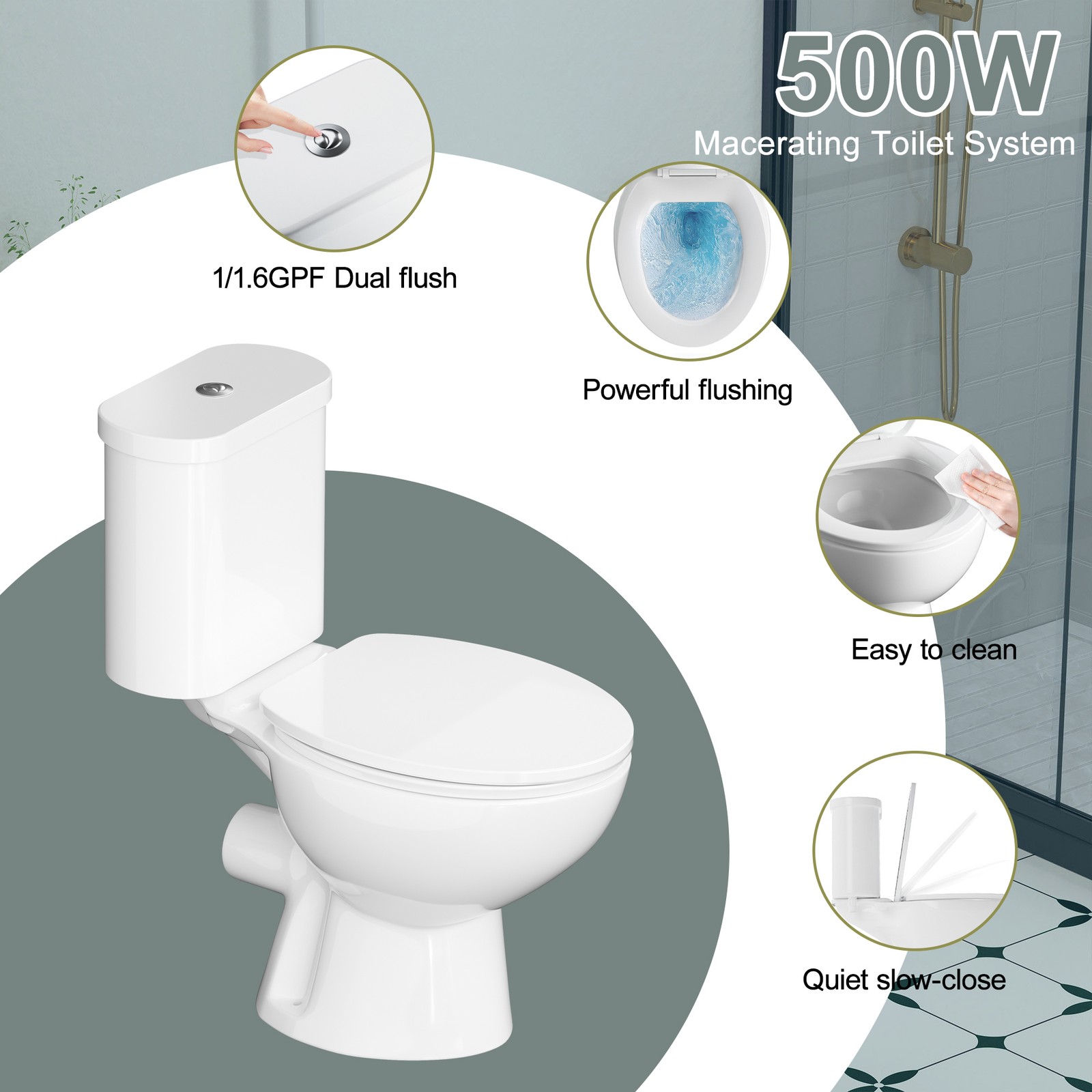 500W Upflush Macerating Toilet System with Pump & 4 Inlets for Basement White