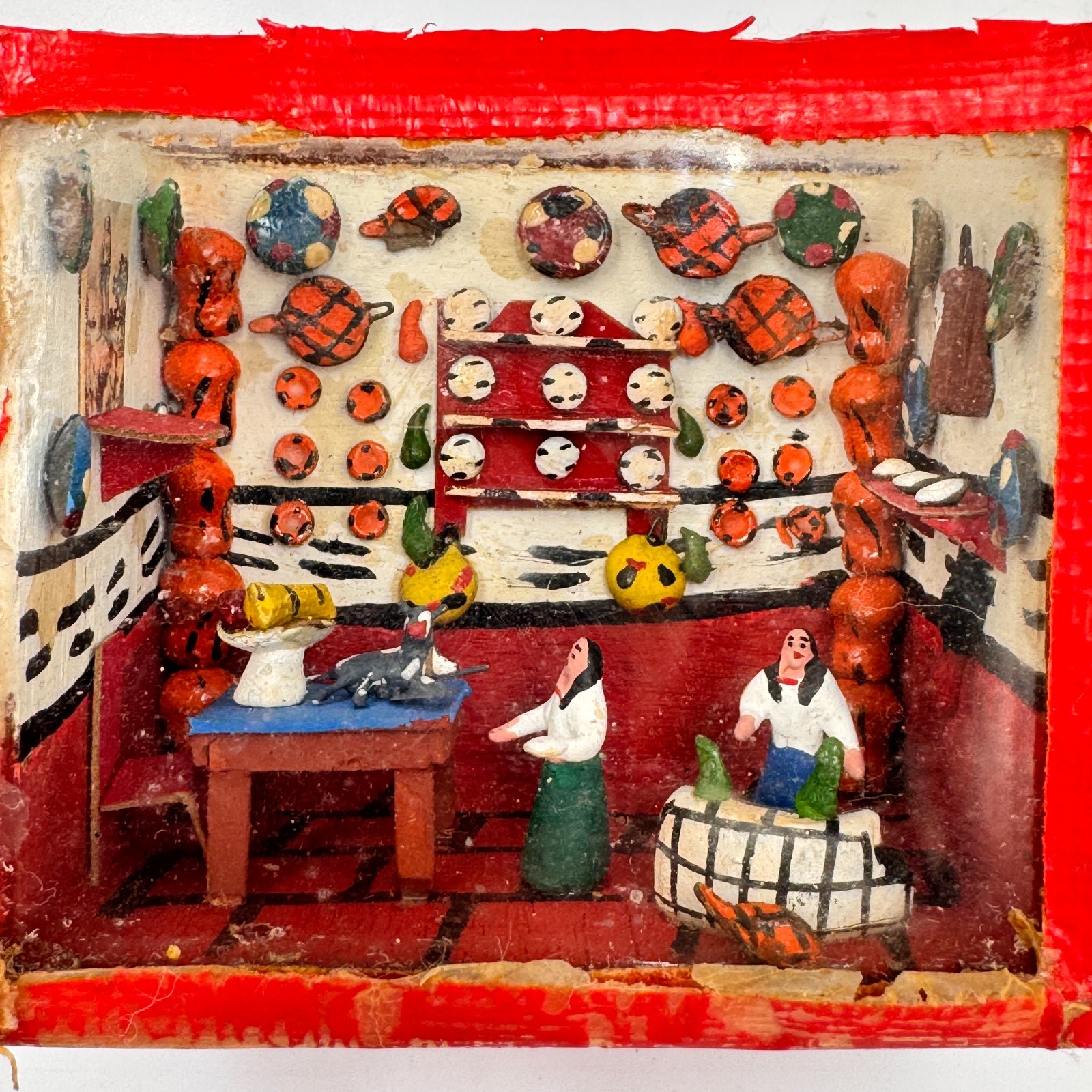 Vintage Handmade Mexican Folk Art Diorama Miniature Kitchen Scene Red Shadowbox