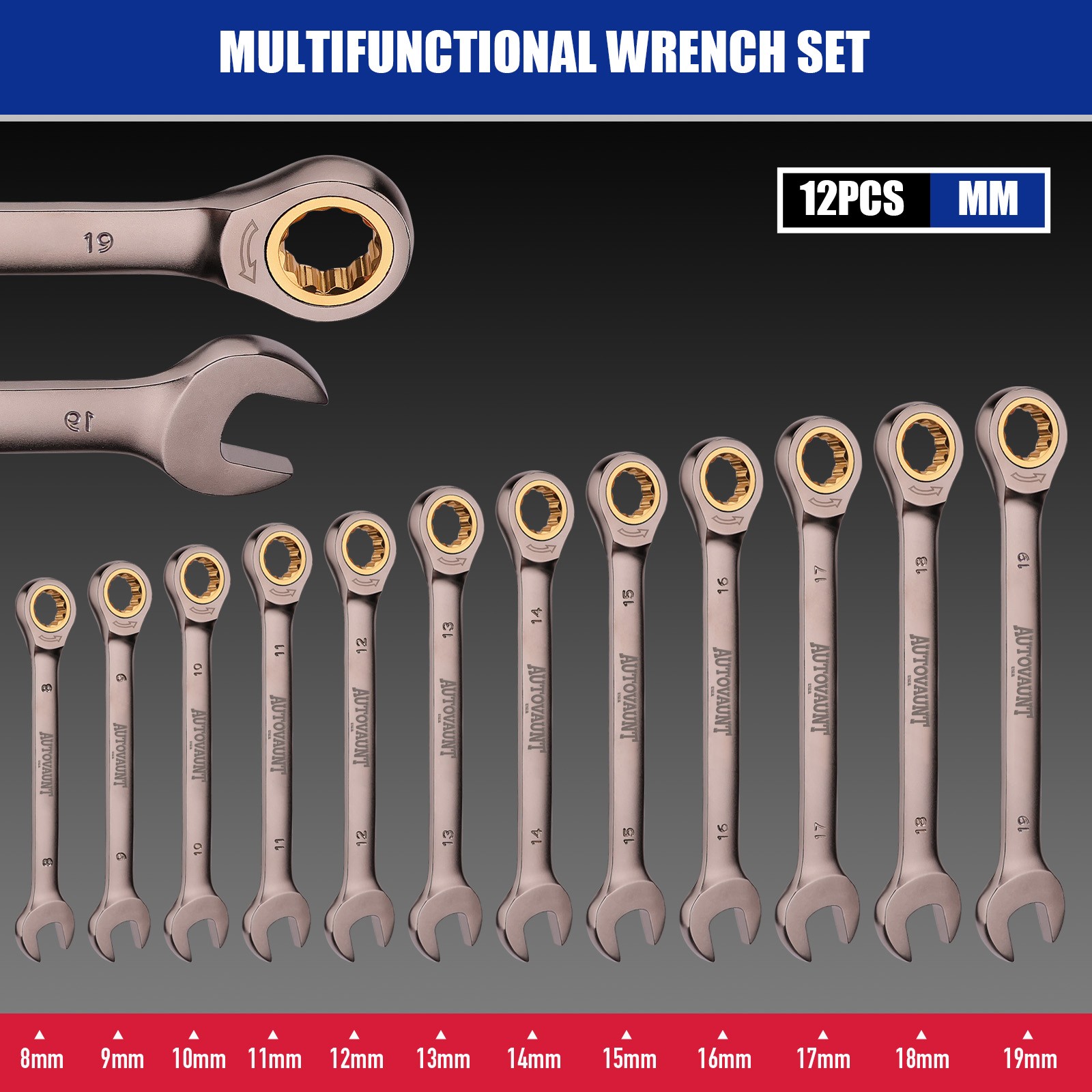 24/12PC Ratcheting Wrench Set Metric & SAE with Organizer 8-19 mm & 1/4" to 7/8"