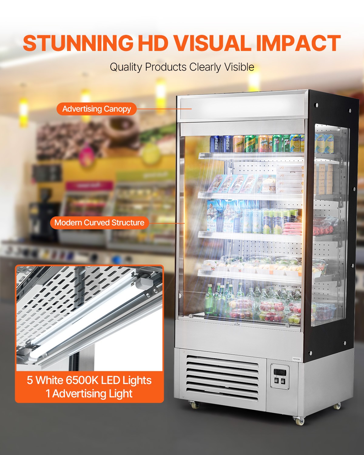 VEVOR Open Air Merchandiser 4-Tier Display Cooler with Air Curtain 18.4cu.ft.