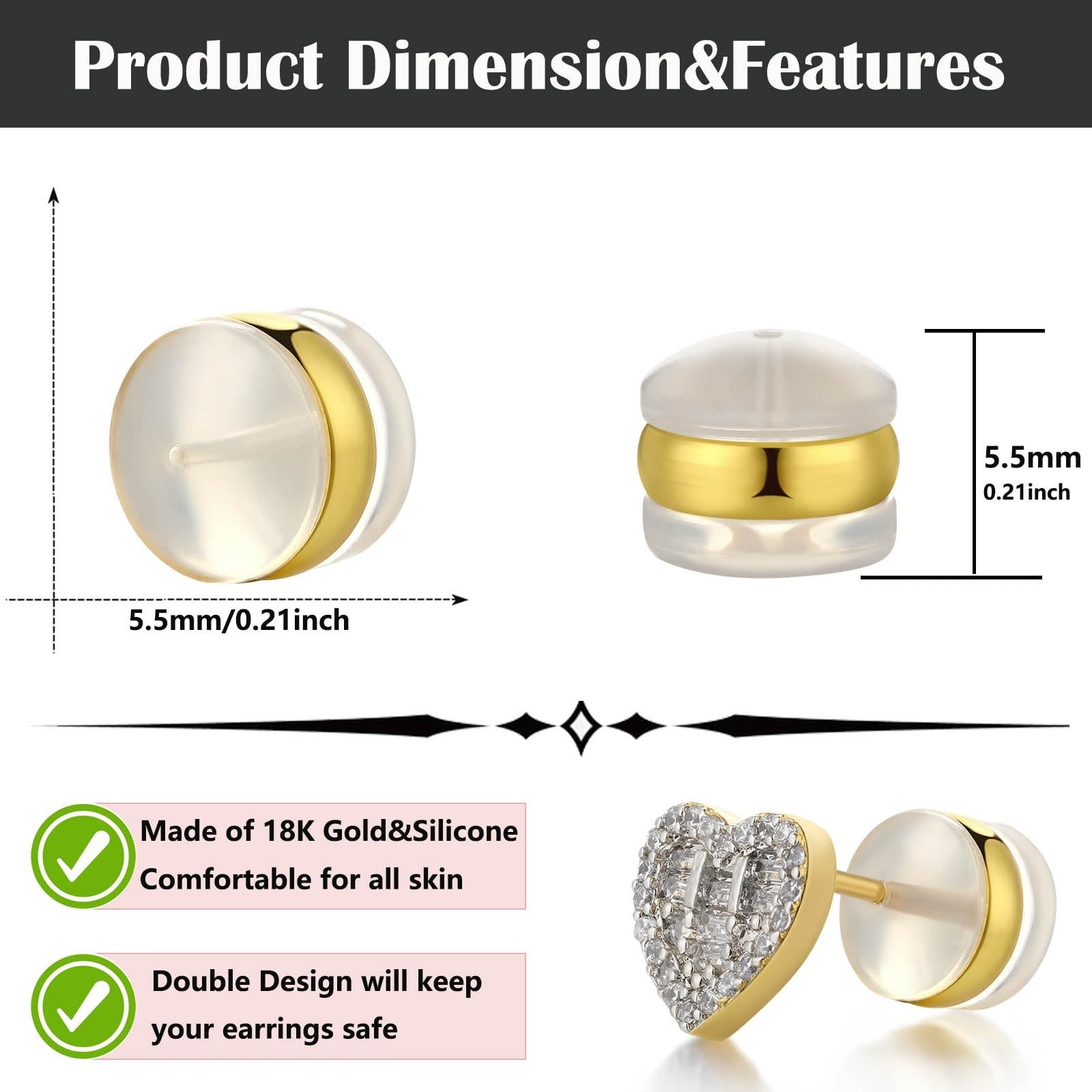 Silicone Earring Backs, 18K Gold Plated, Secure Locking for Heavy Earrings, H...