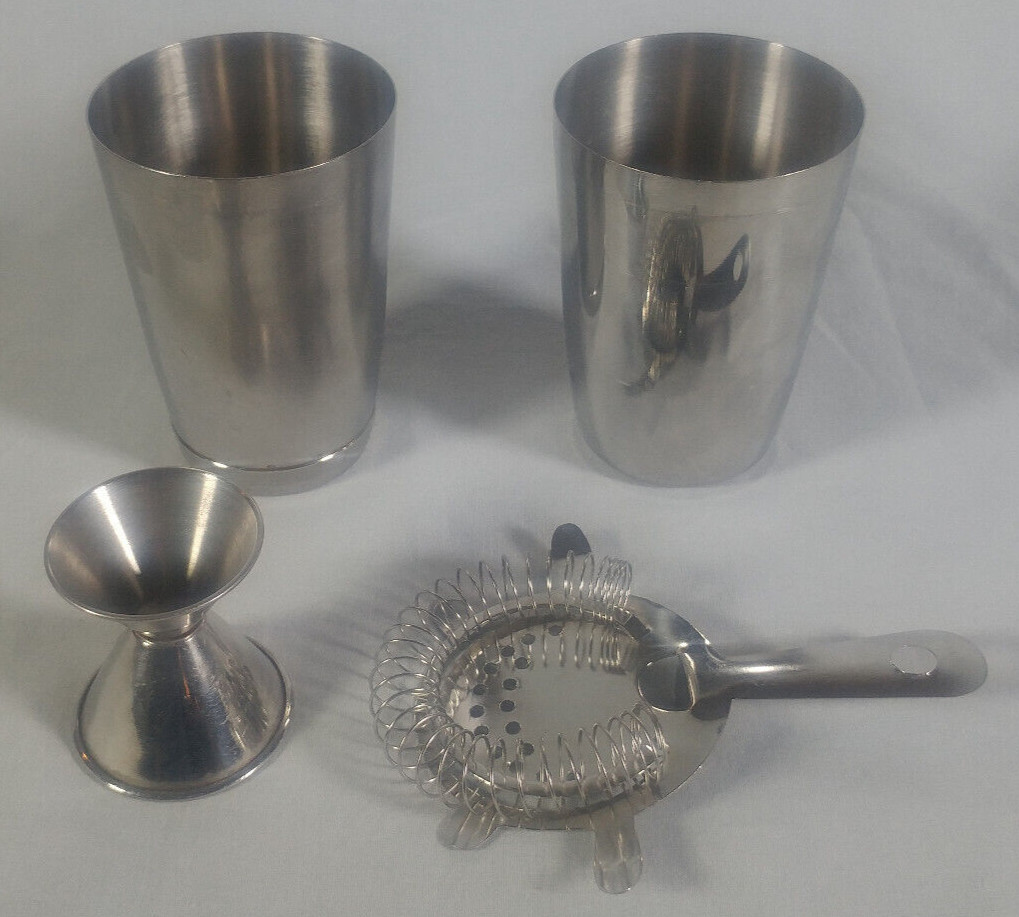 4 Piece Cocktail Mixing Shaker Kit 2- Stainless Shakers, Strainer, Double Jigger