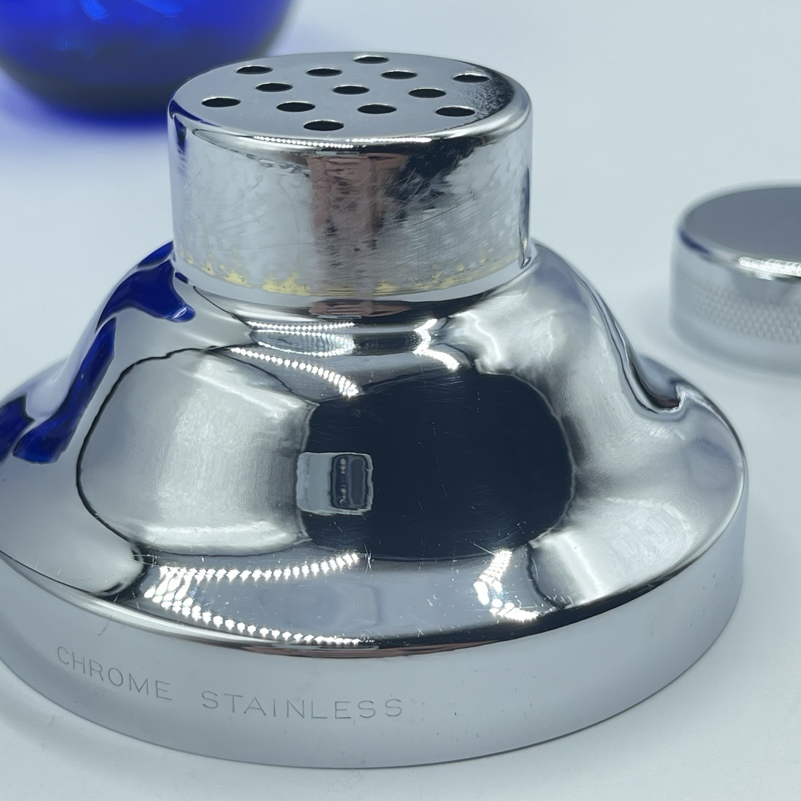 Vgt Cobalt Blue Cocktail Shaker with 4 Roly Poly Glasses Chrome Plate Shaker Top