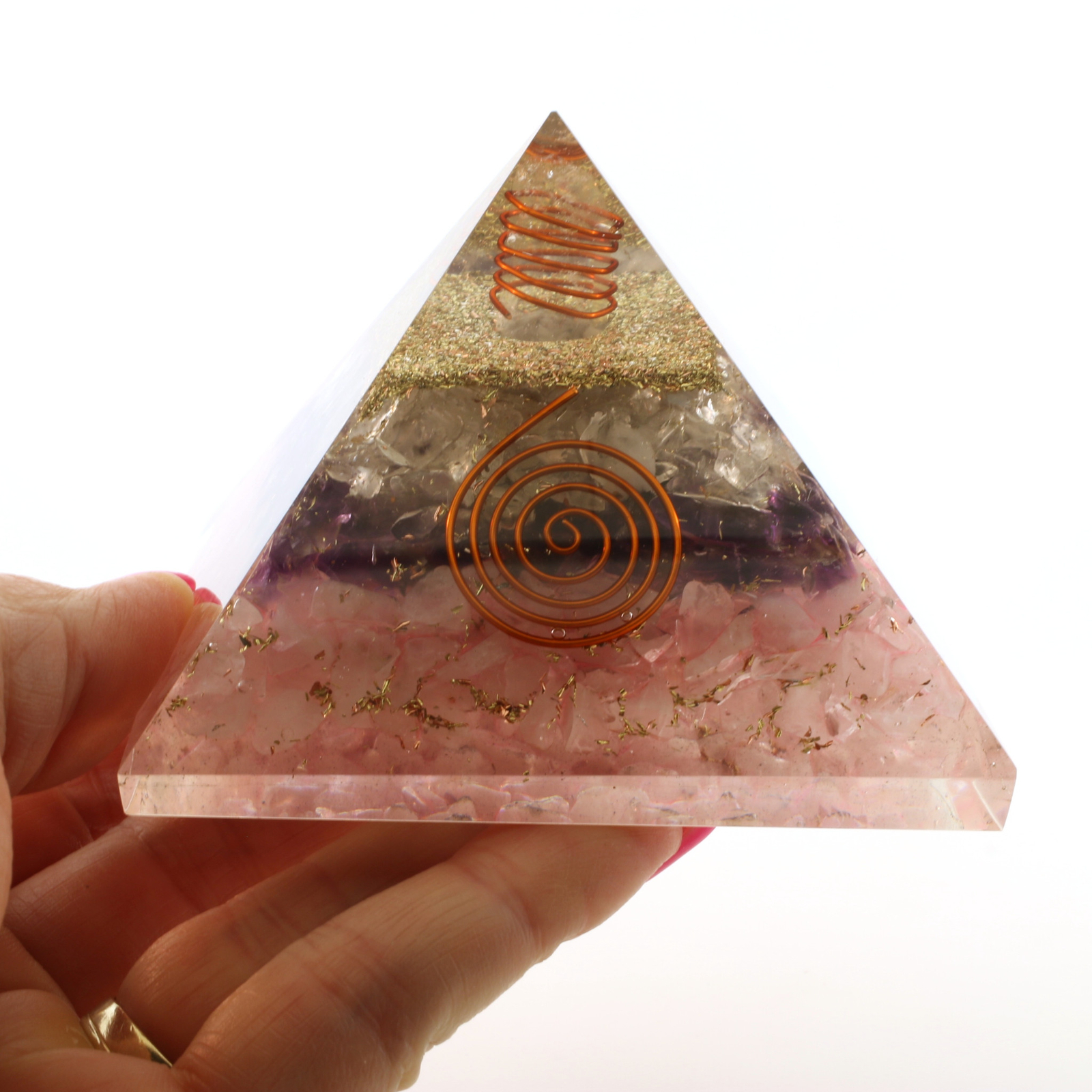 Amethyst Rose & Clear Quartz Orgone Pyramid XL 3in 75mm EMF & 5G Protection