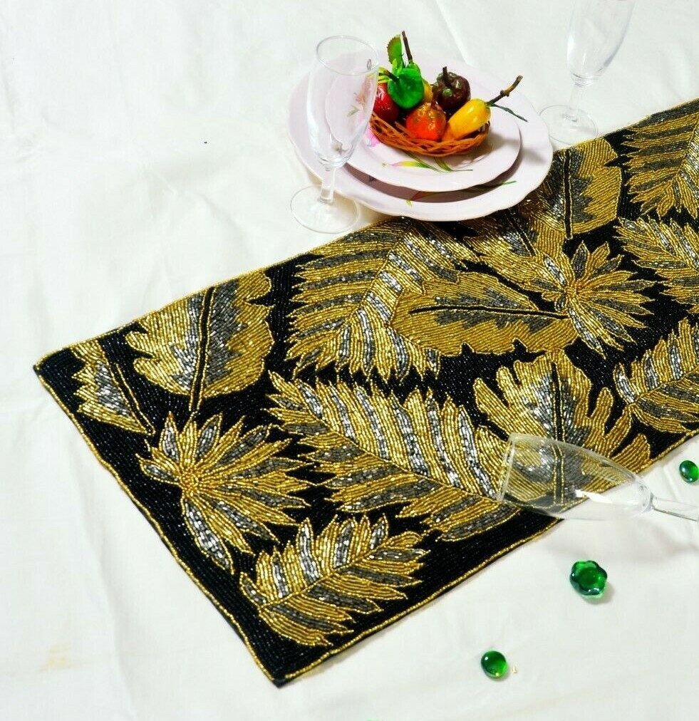 Beaded Table Runner Black And Gold Leaves Table Runner Autumn Tableware 13X36 In