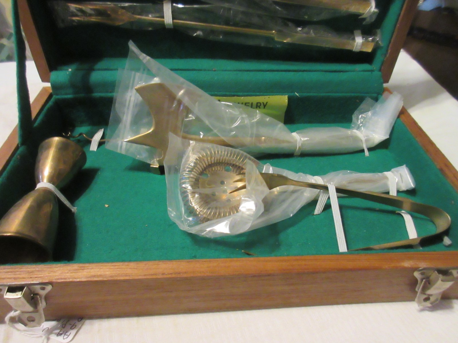 Vintage Cocktail Tool Kit Bar Set Teak Case Bronzeware 9 pc Thailand Nice