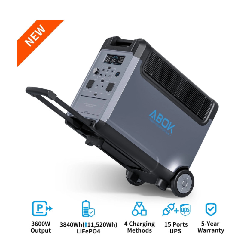 ABOK Portable Power Station, 3840Wh LiFePO4 Battery, 3600W Electric Solar Genera
