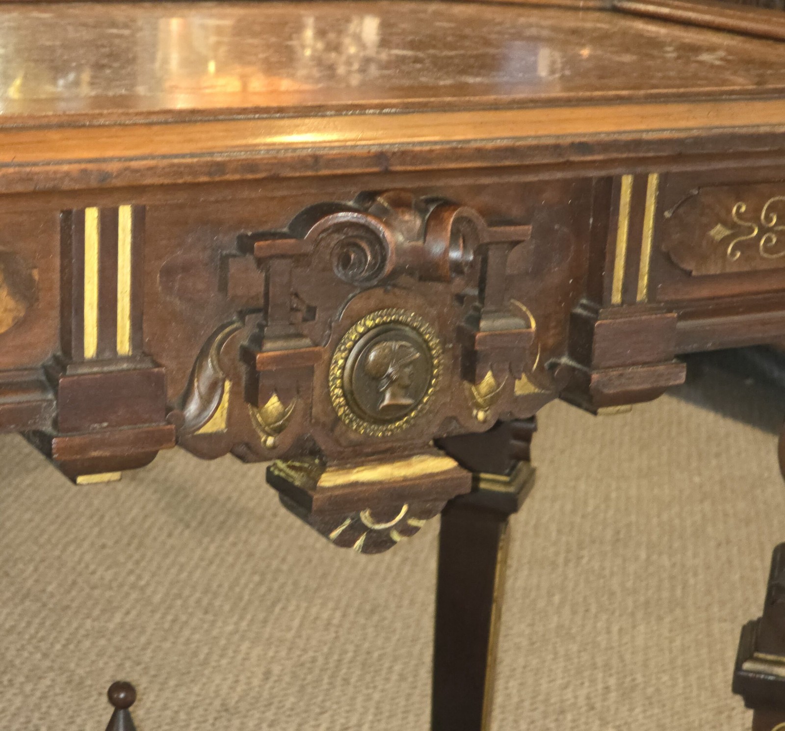 Antique Victorian Renaissance Revival Parlor table with framed Brown Marble top