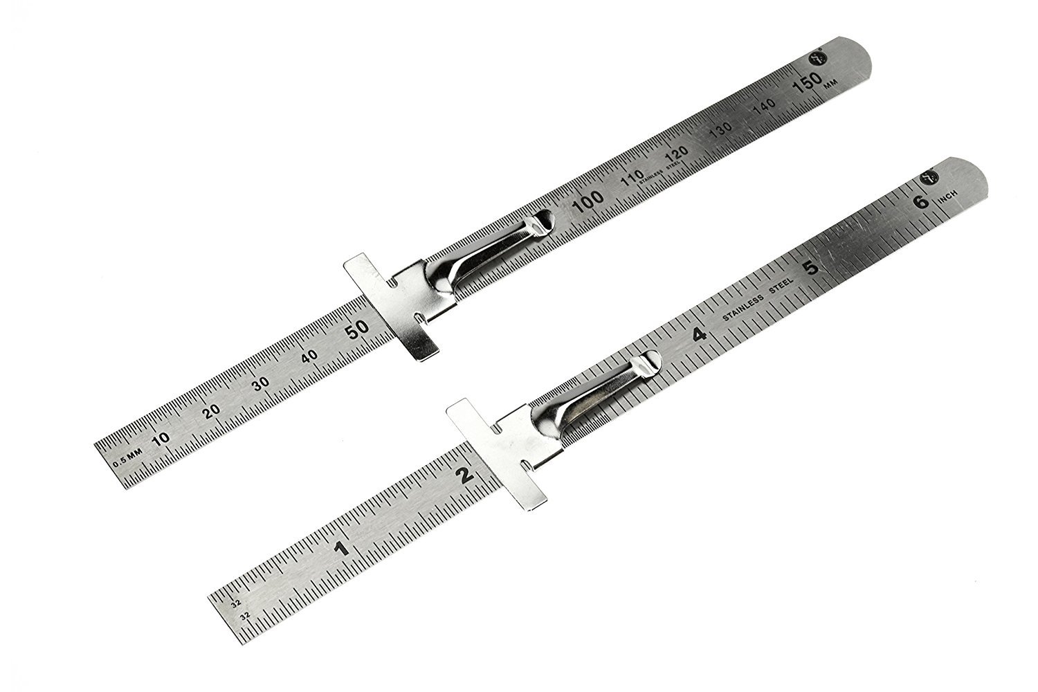2pc 6" Stainless Steel Pocket Measuring Ruler with Clip Metric & SAE 1/2" Wide