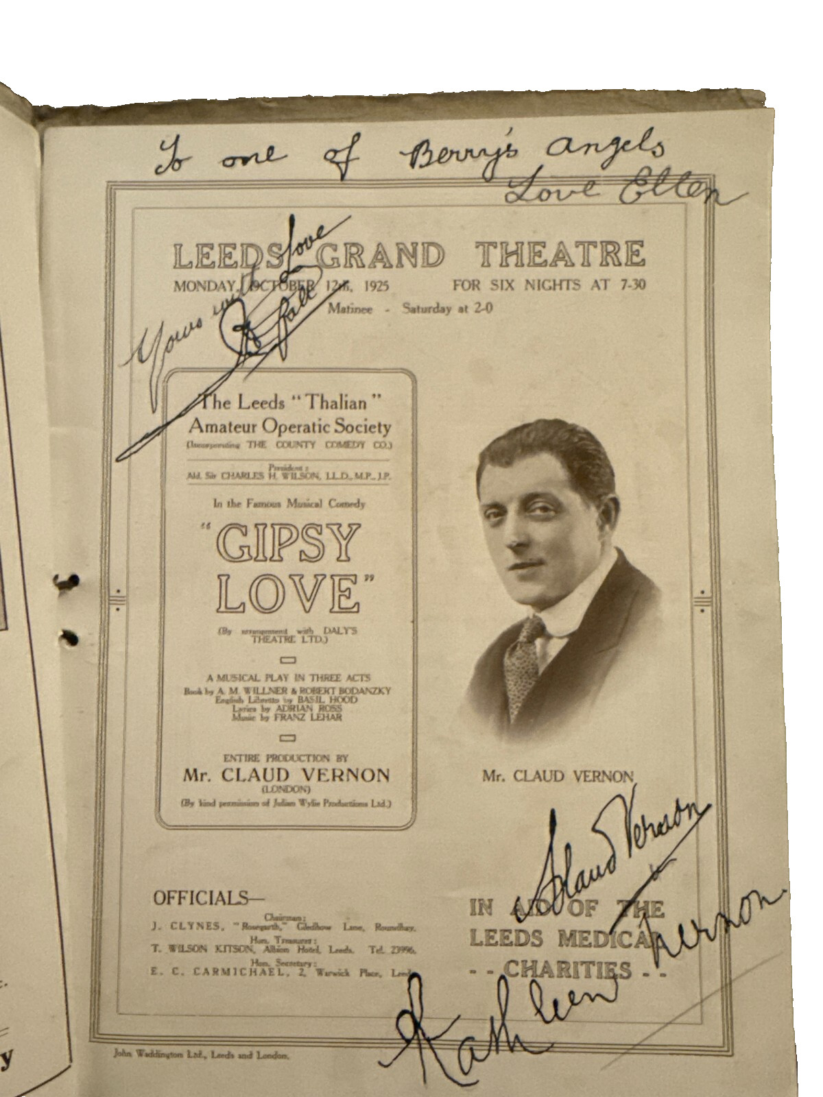 Antique 1925 Signed Theatre Programme "Gipsy Love" Grand Theatre Leeds Autograph