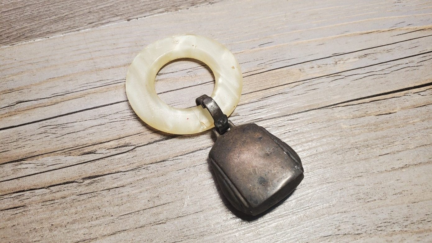 Antique Sterling Silver Mother of Pearl Art Deco Cowbell Baby Rattle Heirloom
