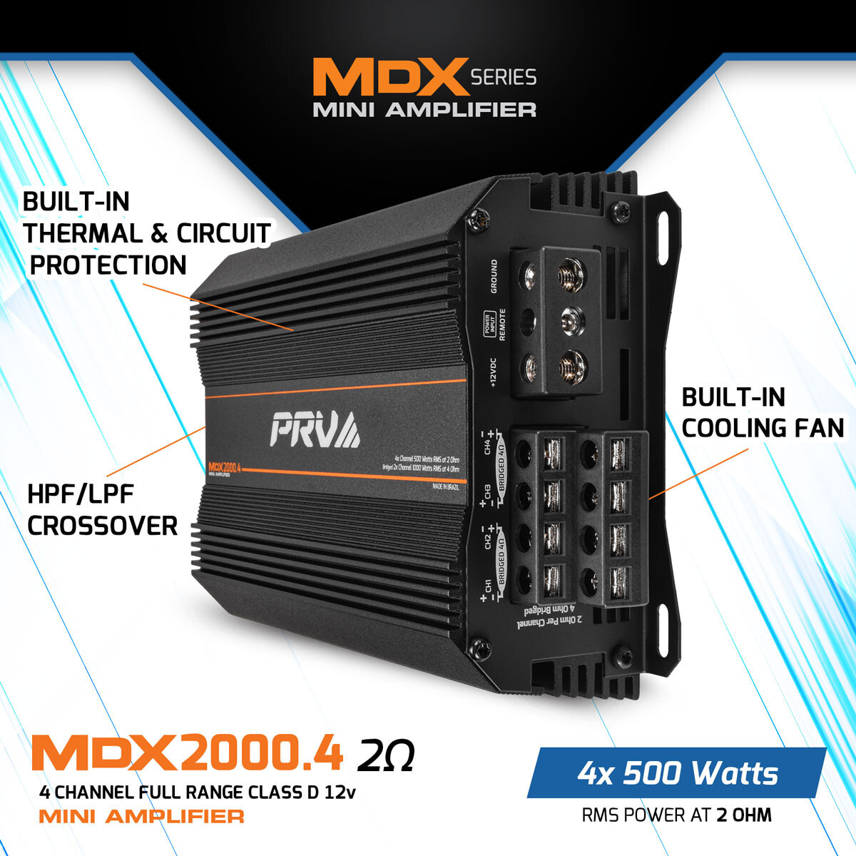 PRV MDX2000.4 2 Ohm Mini 4 Channel 4x 500 Watts Amp Compact Car Audio Amplifier