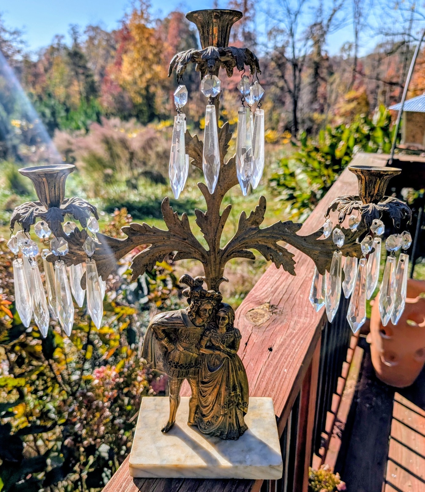 ANTIQUE VICTORIAN BRASS 3 ARM CANDELABRA WITH CRYSTALS & A MARBLE BASE