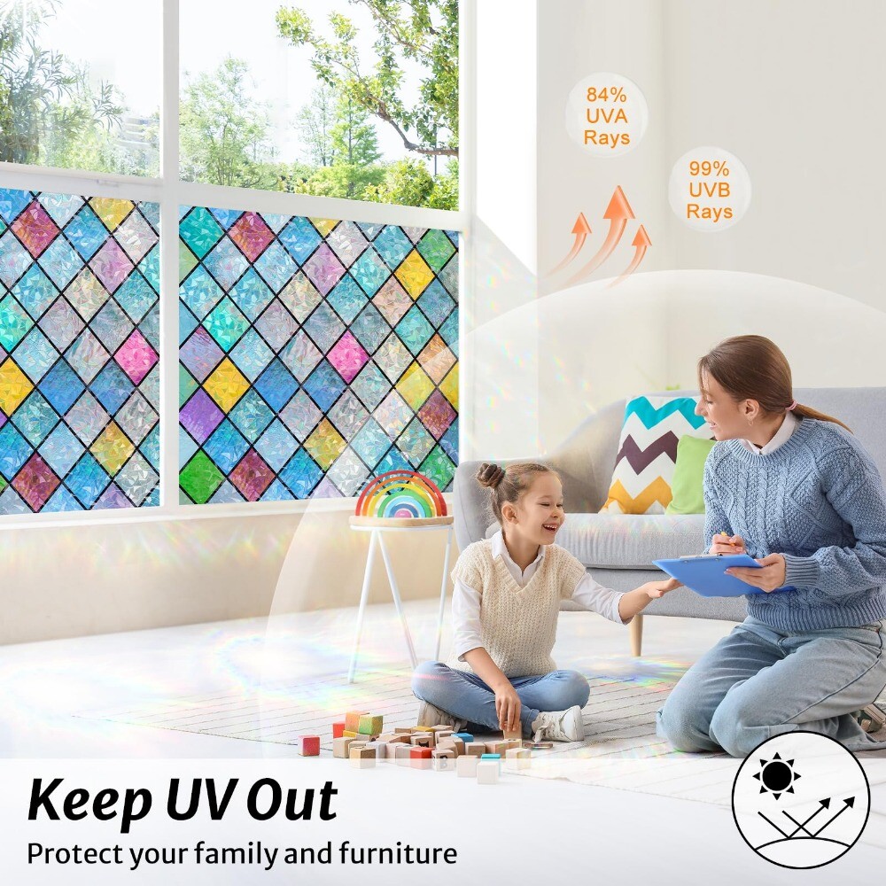 rabbitgoo Stained Glass Window Film Decorative Rainbow Colorful Lattice Sticker