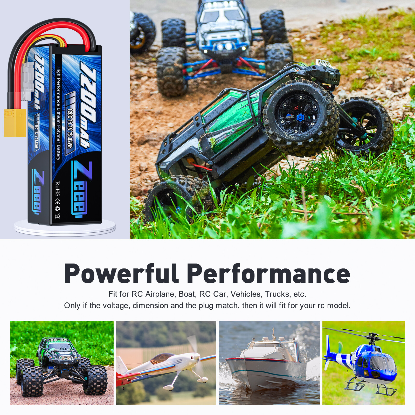 2x Zeee 3S LiPo Battery 7200mAh 11.1V 120C XT90 for 1/8 1/10 RC Car Truck Buggy