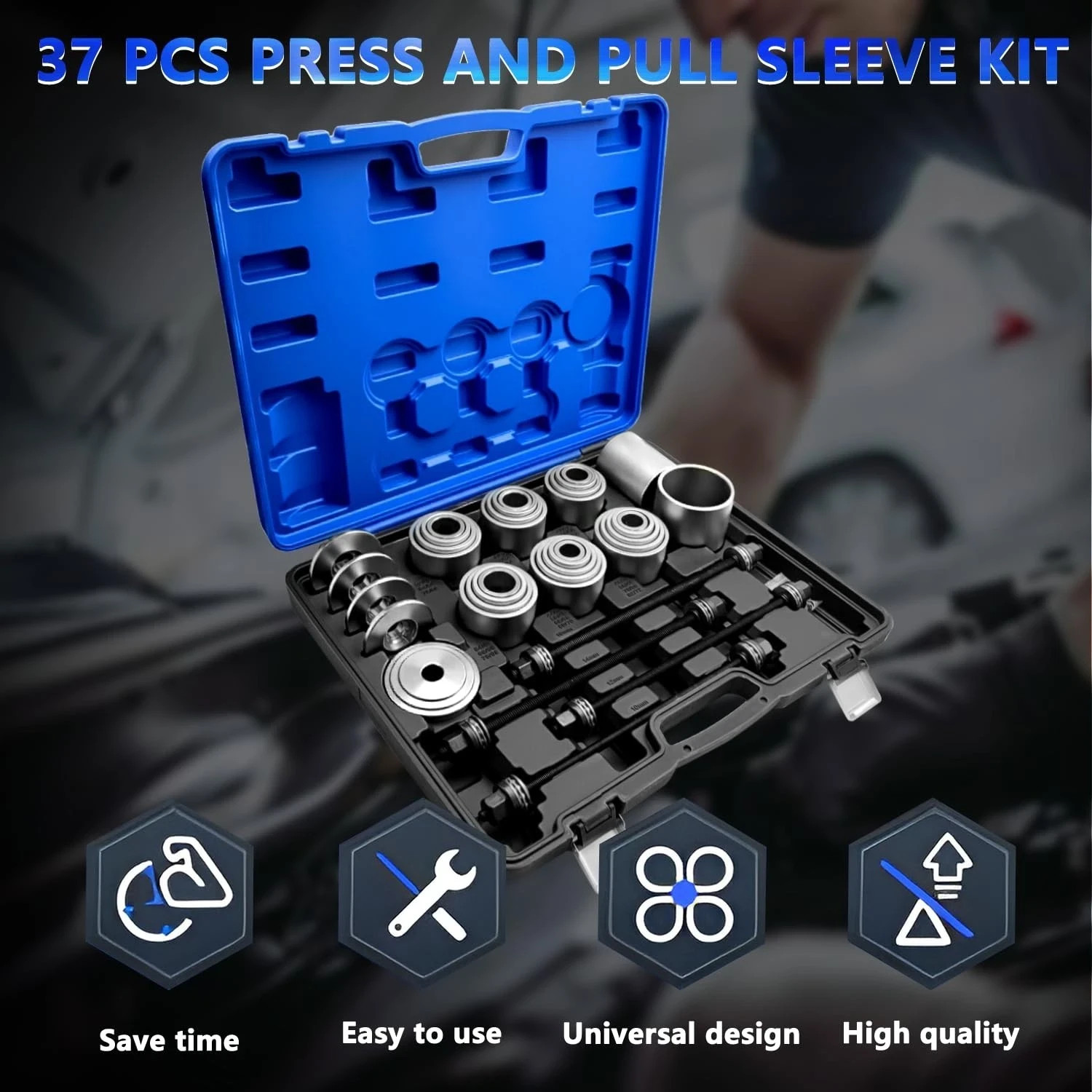 37PCS Universal Pull & Press Sleeve Kit Bearing Bushing Removal Install Tool
